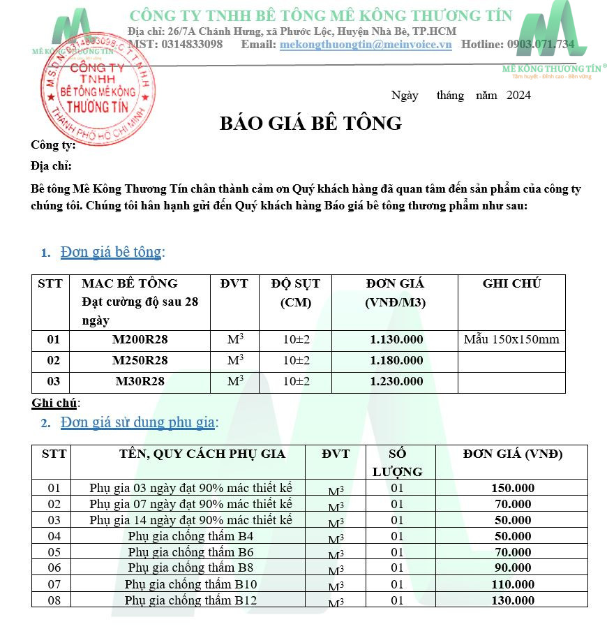 Bảng giá bê tông tươi